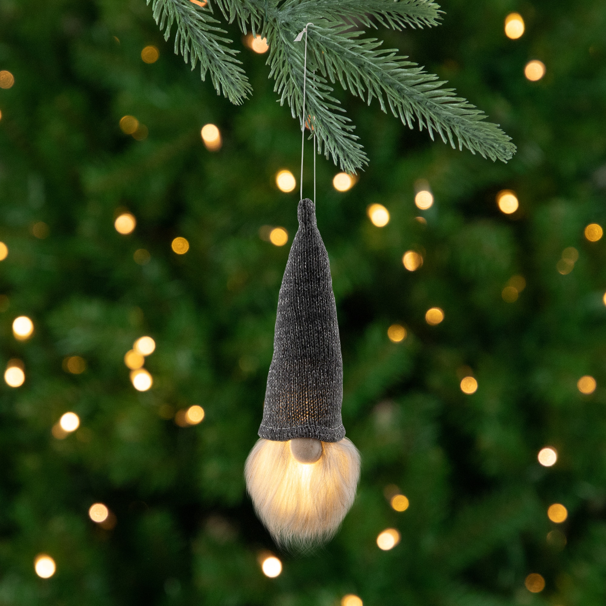 8" Metallic Gray Knit Gnome Head LED Ornament